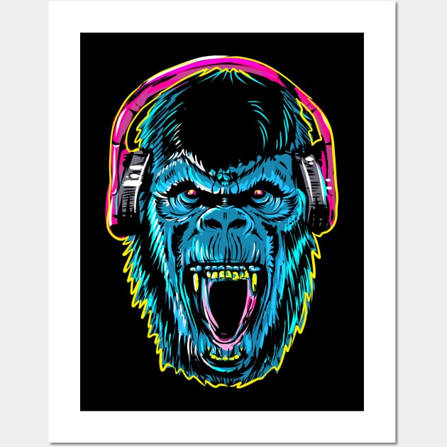 Blue Gorilla With Headphone Wall Art by FerMinem